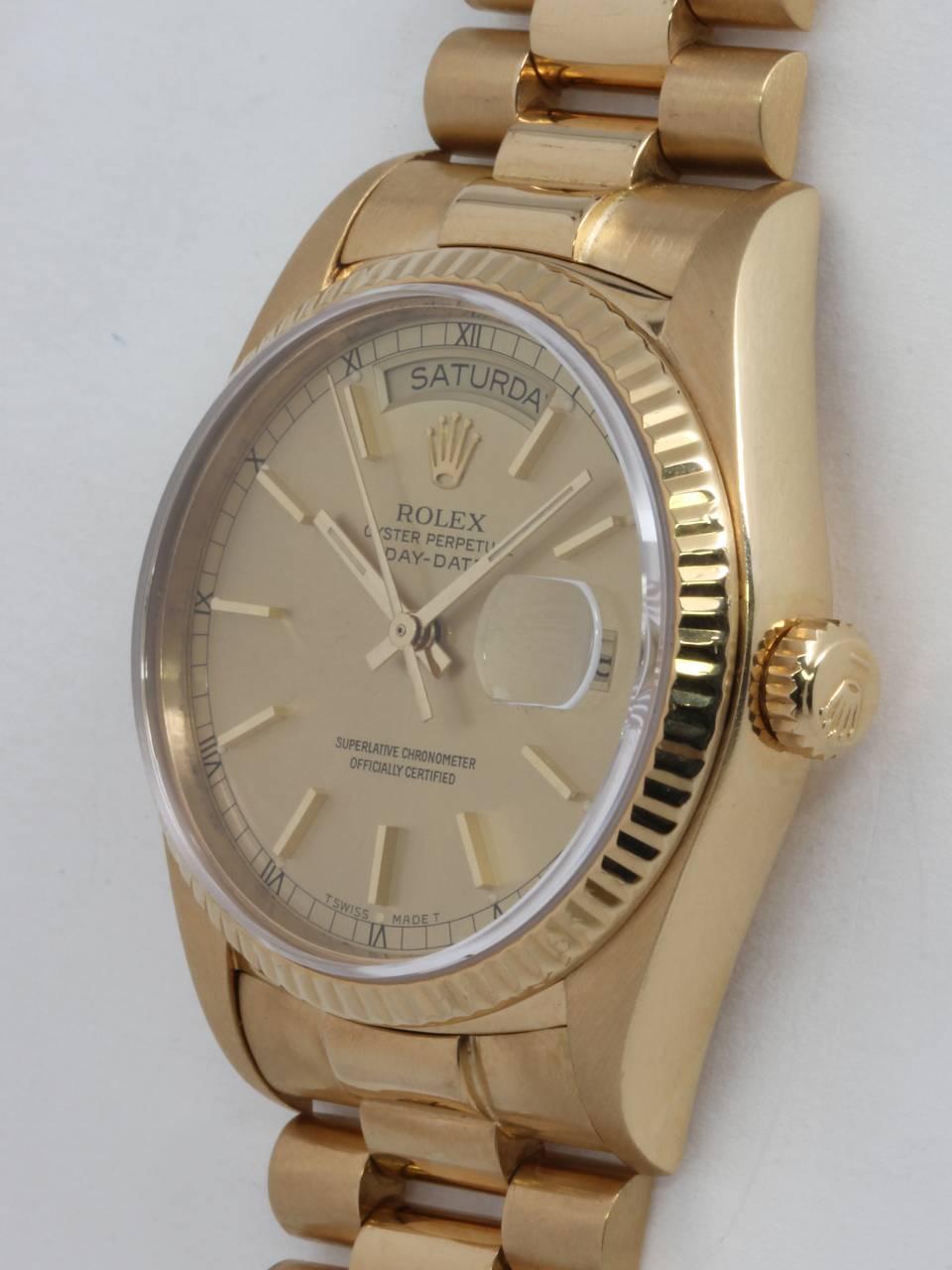 Rolex Yellow Gold Day Date President Wristwatch ref 18038 circa 1986 In Excellent Condition For Sale In West Hollywood, CA