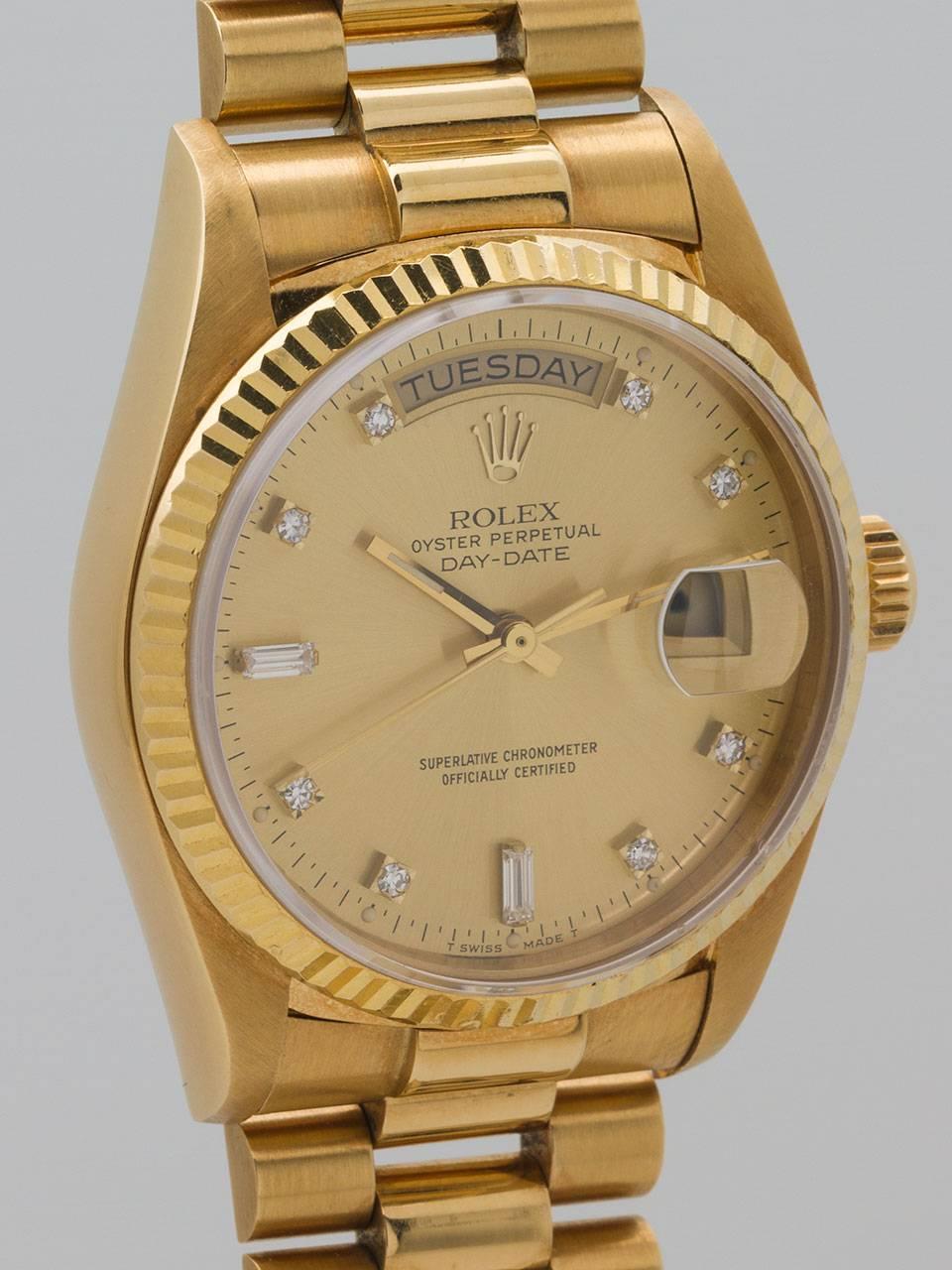 Rolex 18K Yellow Gold Day Date President Wristwatch ref 18038 serial # 9.5 million circa 1986. 36mm full size period man’s model with fluted bezel and sapphire crystal. Original factory champagne dial with original diamond indexes. Powered by self