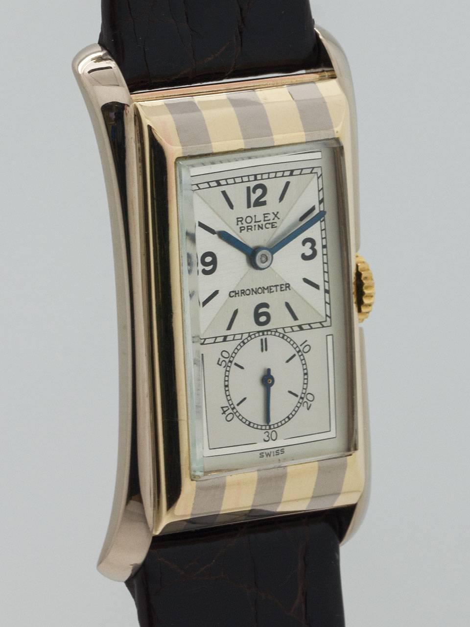 Rolex Prince 9K Yellow and White Gold Striped Branchard ref 1490 circa 1930s. 23 X 44mm case, rare and beautiful condition example with original striped case design. With 2 tone raised enamel dial and blued steel spade hands. Powered by calibre 300