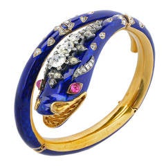 Victorian Diamond Set Blue Enamel Serpent Bangle