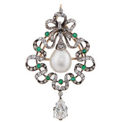 Natural Pearl Emerald Diamond Platinum Brooch/Pendant