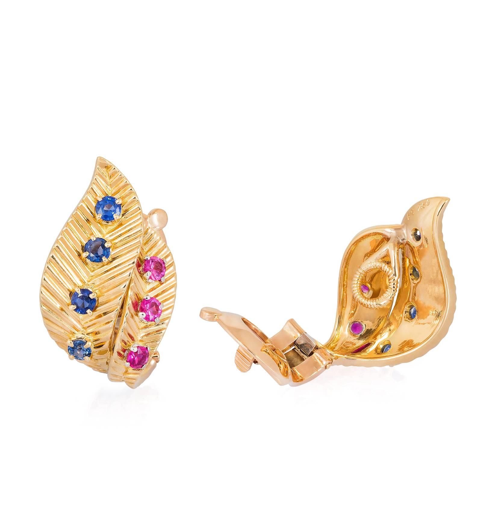 A pair of gold, ruby and sapphire leaf ear clips by Van Cleef & Arpels, French, each ear clip designed as a pair of leaves curling upwards in reeded 18K yellow gold, a line of ruby accents and a line of sapphire accents lining their inner folds.