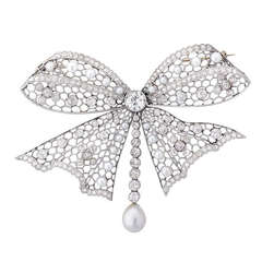 Edwardian Pearl Diamond Platinum Bow Brooch