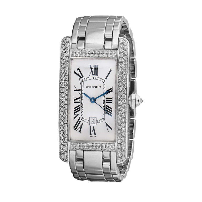 Cartier Ladys White Gold and Diamond Tank Wristwatch with Date and Bracelet