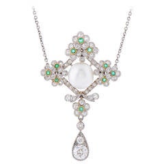 An Edwardian Natural Pearl Emerald Diamond Platinum Pendant 1