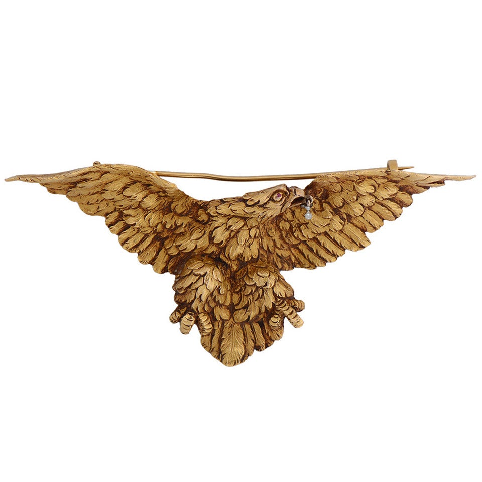 Large Ruby Diamond Gold Eagle Brooch