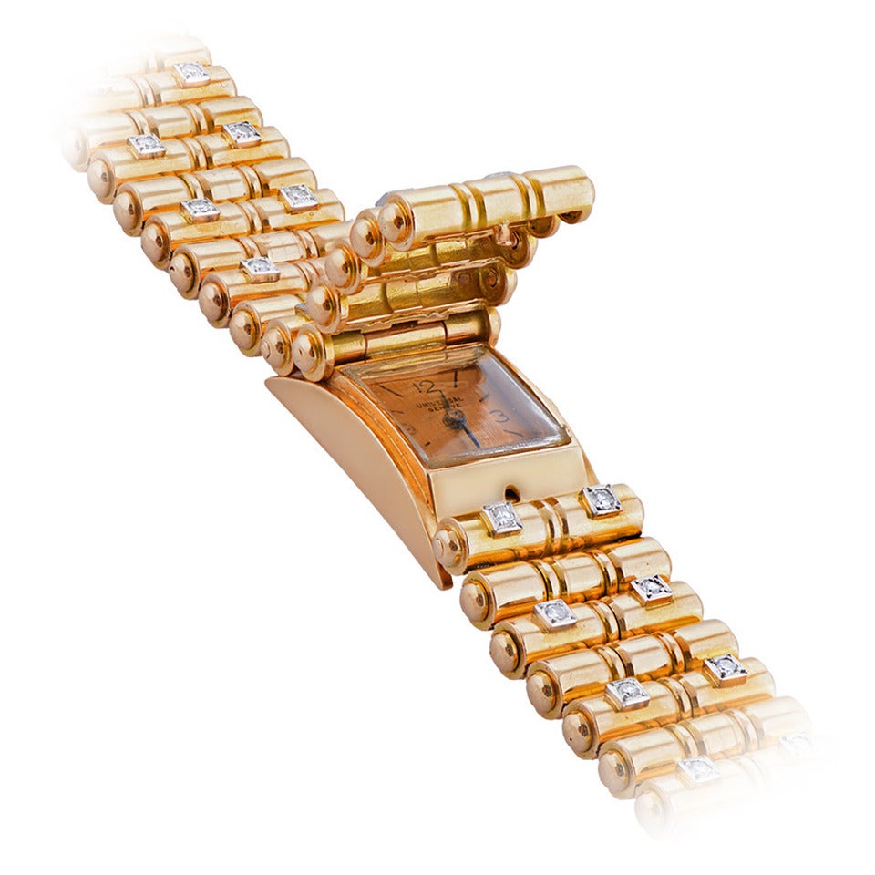 UTI Paris Universal Geneve Lady's Yellow Gold Diamond Retro Bracelet Wristwatch