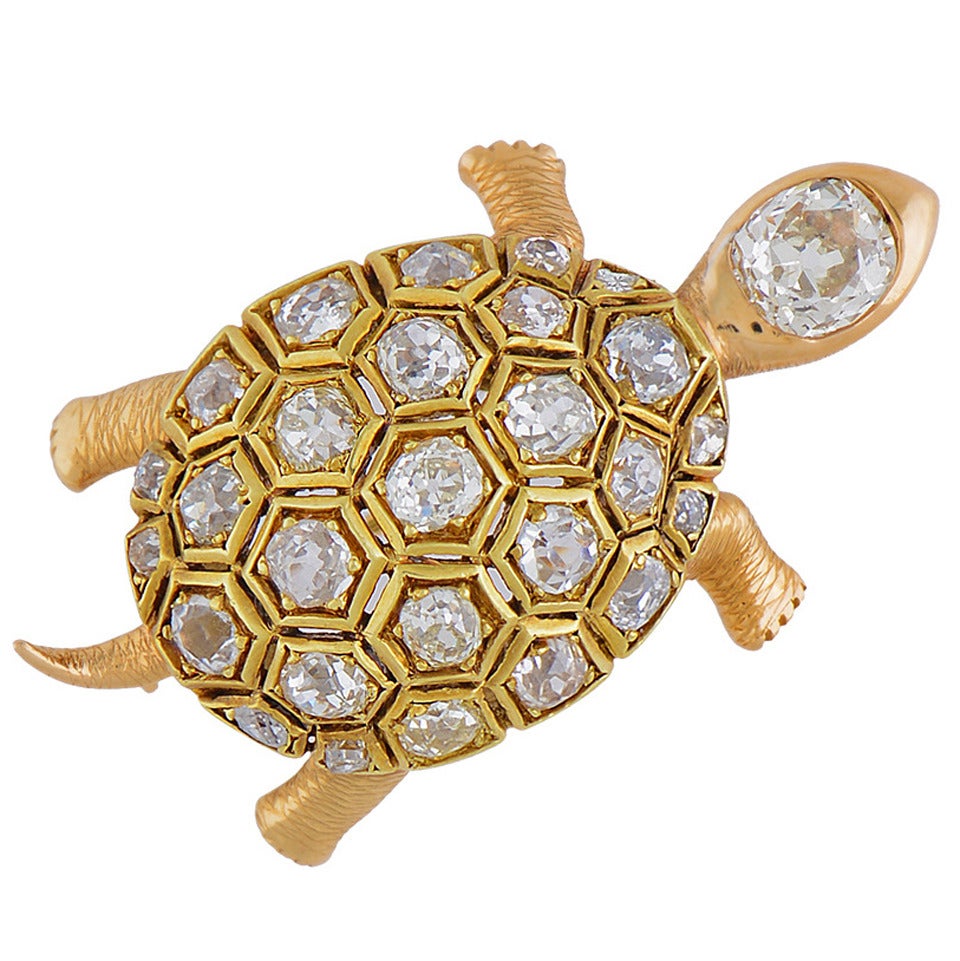 French Diamond Gold Turtle Brooch