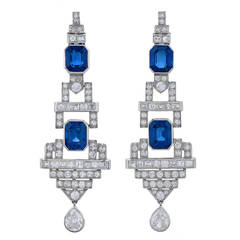 Pair of Art Deco Sapphire and Diamond Ear Pendants