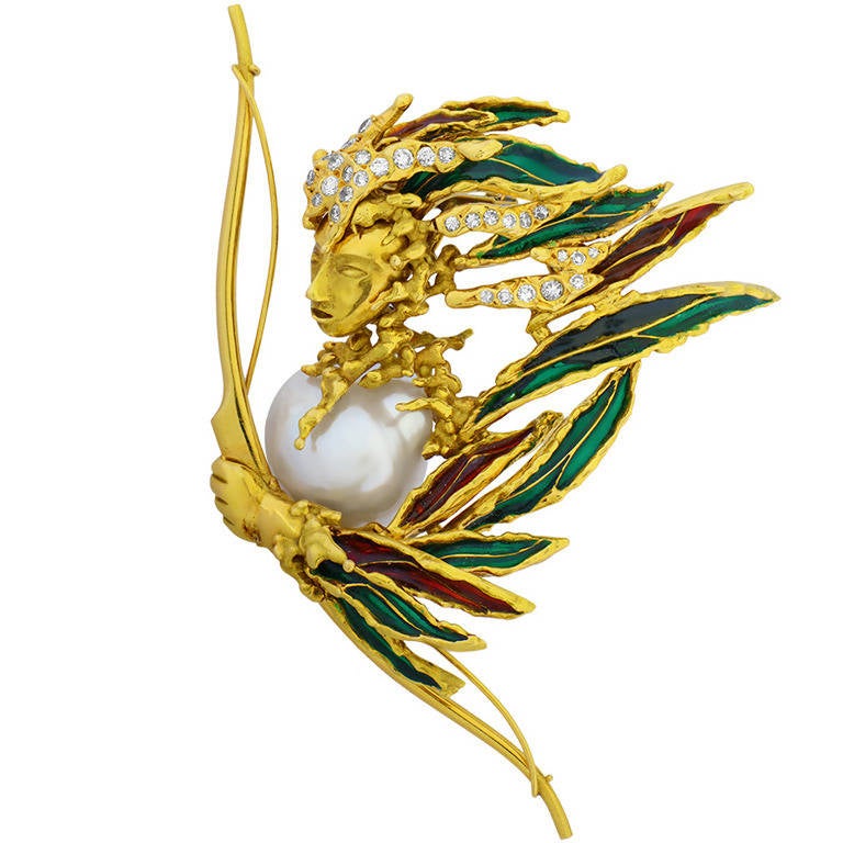 Sterle Enamel Pearl Diamond Gold Archer Brooch