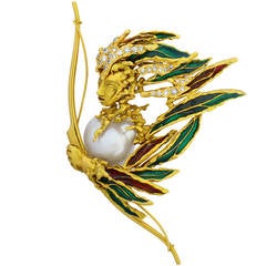 Sterle Enamel Pearl Diamond Gold Archer Brooch 2