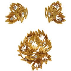 Vintage Mauboussin Diamond Gold Brooch and Ear Clips Set