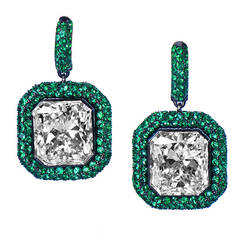 5.39 and 5.23 Carat Emerald Cut Diamond Emerald Pave Gold Drop Earrings 6