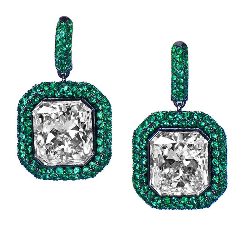 5.39 and 5.23 Carat Emerald Cut Diamond Emerald Pave Gold Drop Earrings