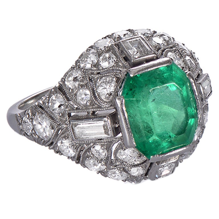 1920 French Art Deco Emerald Diamond Platinum Cocktail Ring