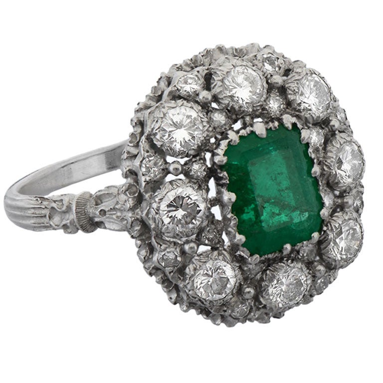 1970 Buccellati Emerald Diamond Platinum Cluster Cocktail Ring