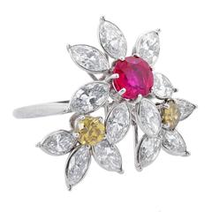 Cartier Monture Burmese Ruby Fancy Yellow and White Diamond platinum Flower Ring