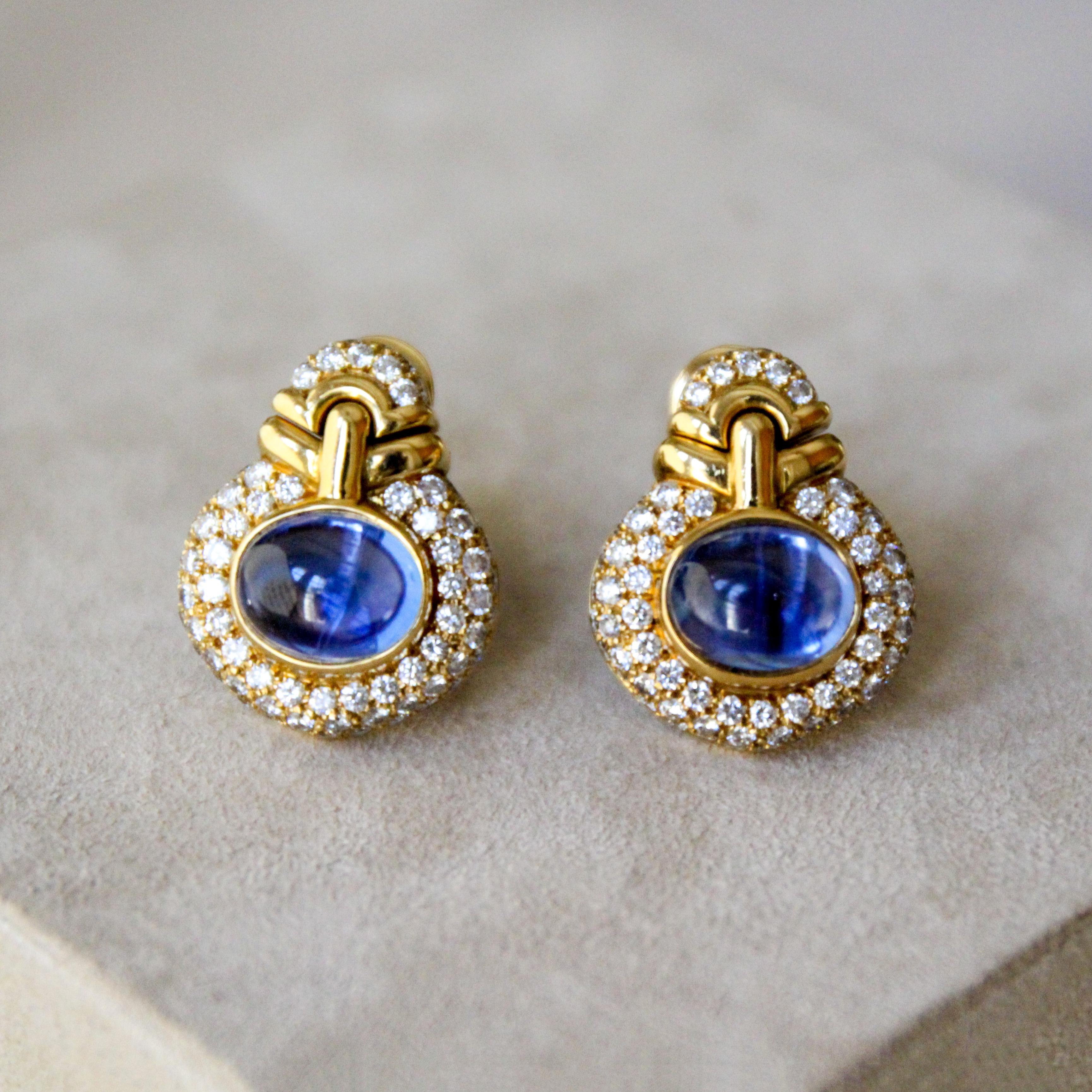 Pair of Vintage Gold, Diamond and Cabochon Sapphire Ear Clips by Bulgari In Good Condition In London, GB