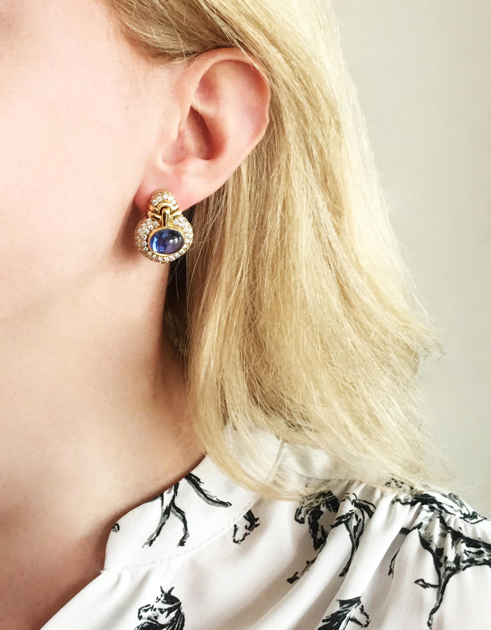 Modern Pair of Vintage Gold, Diamond and Cabochon Sapphire Ear Clips by Bulgari