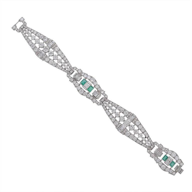 Emerald Diamond Platinum Link Bracelet For Sale at 1stdibs