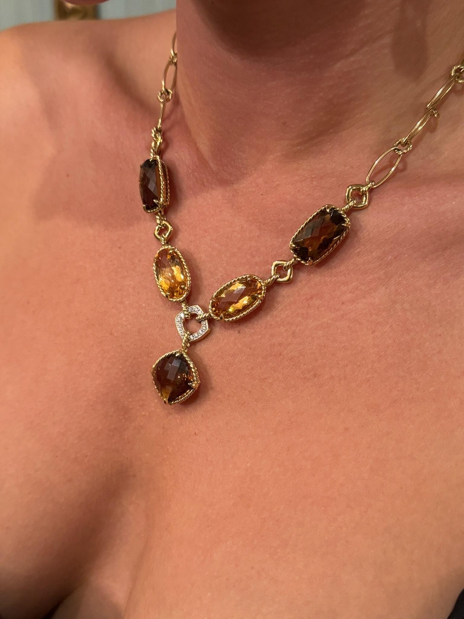 Women's or Men's David Yurman 18 Karat Yellow Gold & Diamond Citrine Necklace For Sale