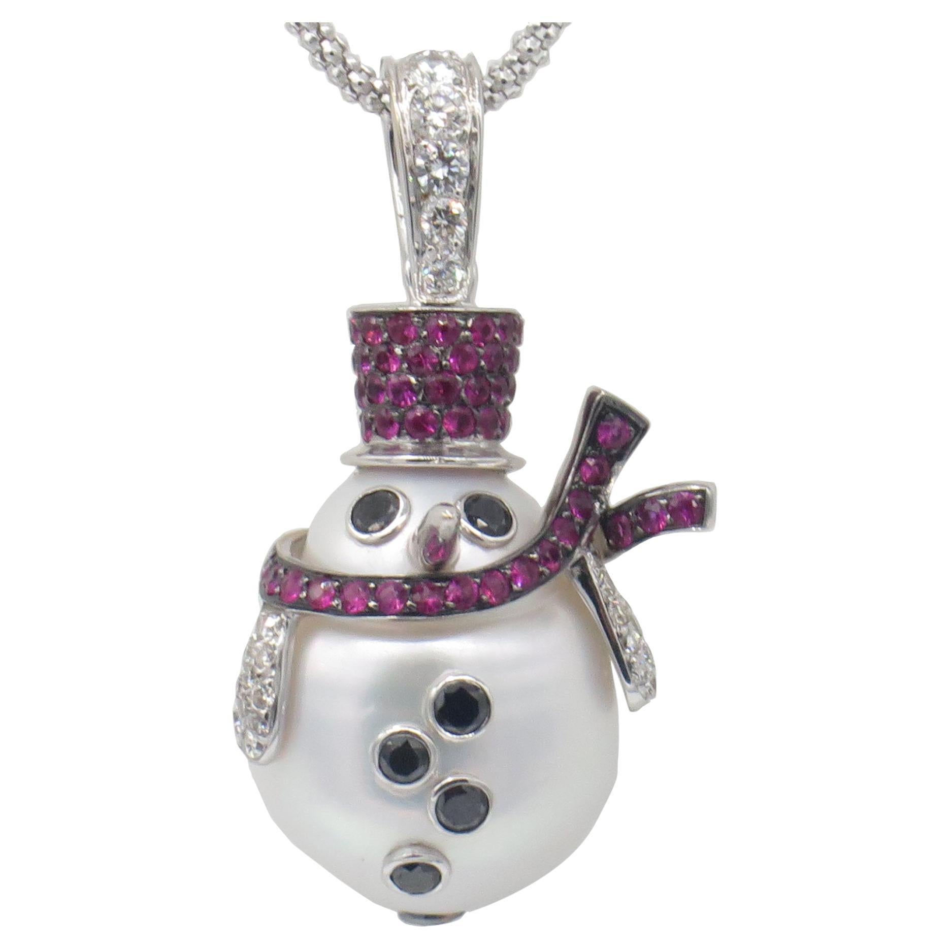 18 Karat White Gold Mother of Pearl Ruby and Diamond Snowman Necklace Pendant For Sale