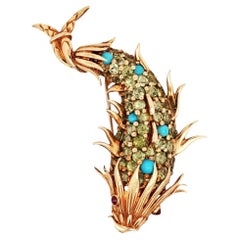 Tiffany Schlumberger, 18K Gold Periodot Turquoise Ruby Dophin Brooch