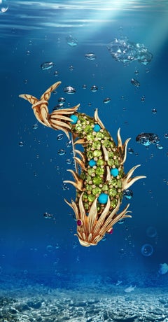 Tiffany Schlumberger, 18K Gold Periodot Turquoise Ruby Dophin Brooch