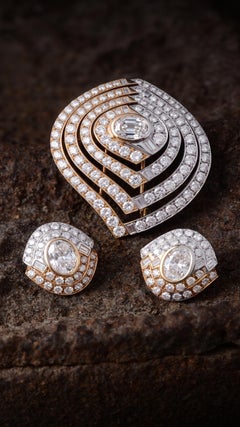 Bvlgari 18K Gold Diamond Brooch and Earring Set, Circa 1970, 11.8 ct