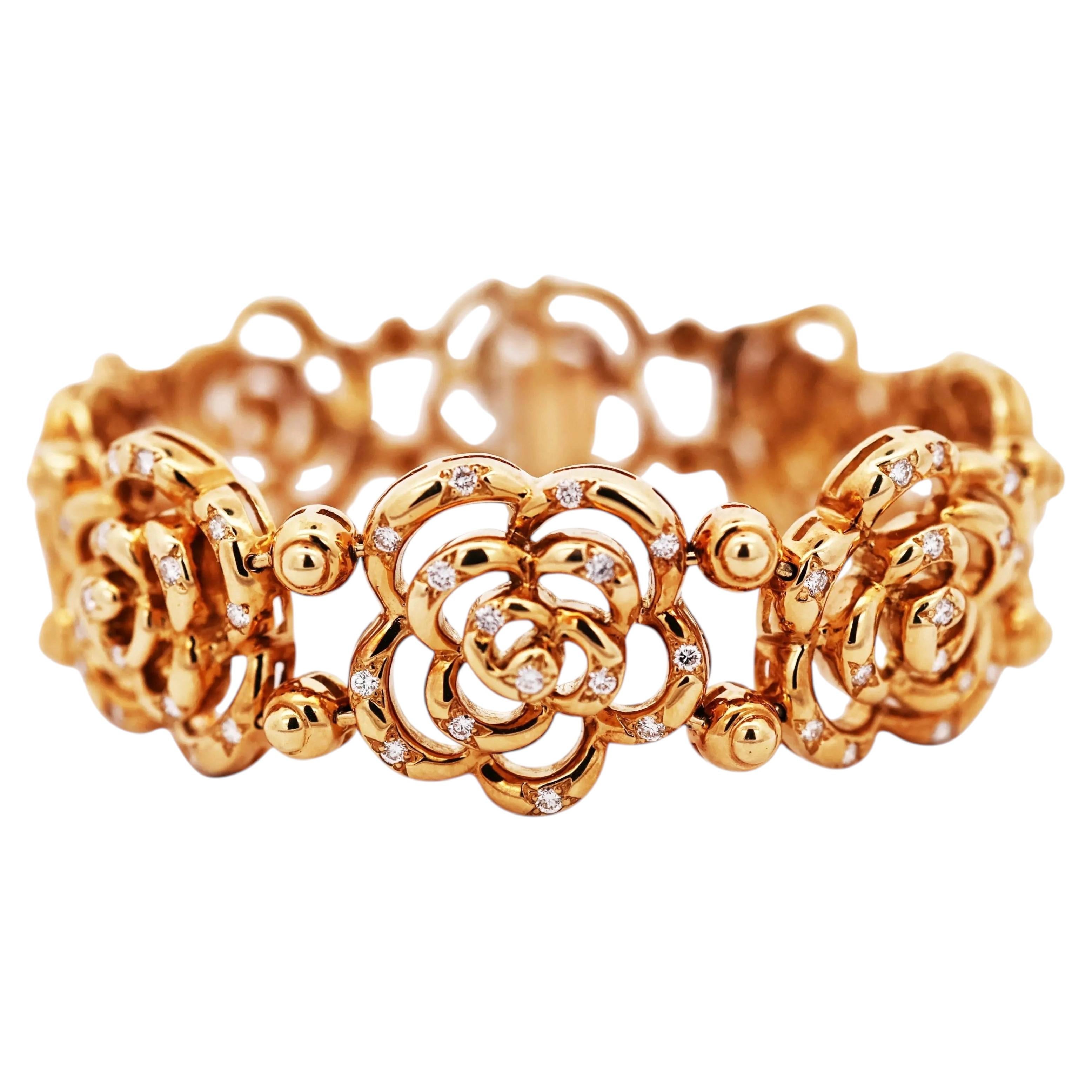 Van Cleef & Arpels 18K Gold Diamond Floral Link Bracelet, 20th Century