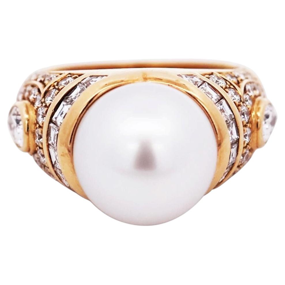Bvlgari 18K Yellow Gold Pearl Diamond Ring, Mid-20th Century, 1.25ct For Sale