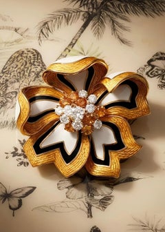 Bvlgari 18K Gold Enamel Flower Brooch with Diamond & Citrine, Retro