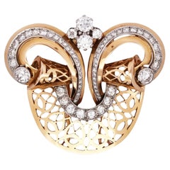 Bvlgari 18K Gold Diamond Scroll Brooch, Circa 1950s, 2.8ct