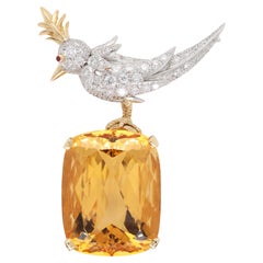 Tiffany Schlumberger, 18K Gold Citrine Diamond Bird-on-Stone Brooch