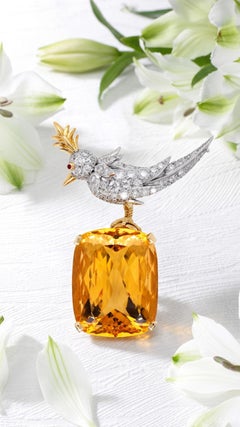 Tiffany Schlumberger, 18K Gold Citrine Diamond Bird-on-Stone Brooch