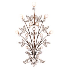 Edwardian Platinum Gold Pearl Diamond Spray Brooch, Circa 1905-1915
