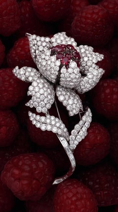 Harry Winston, Platinum Ruby Diamond Flower Brooch, GIA, Evaluation