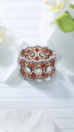 Buccellati 18K Gold Ruby Diamond Ring, Circa 1970, Retro Style