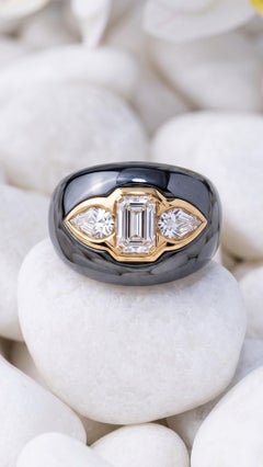 Bvlgari 18K Gold Hematite Diamond Ring, Late 20th Century, Size 6.25