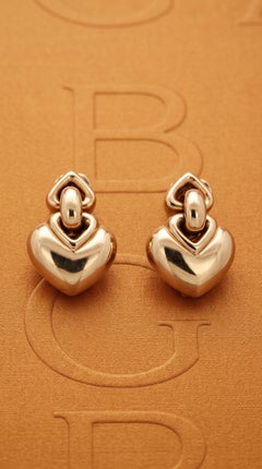 Bvlgari 18K Yellow Gold Doppio Cuore Drop Earrings, Late 20th Century