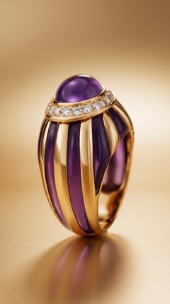 Bvlgari 18K Gold Amethyst Cabochon Diamond Ring, Circa 1970s, Size 7.5