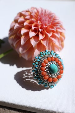 Bvlgari 18K Gold Coral Turquoise Diamond Brooch, Circa 1960s, 6.0ct