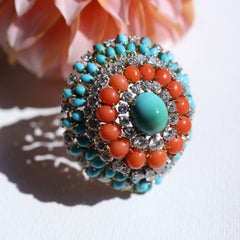 Bvlgari 18K Gold Coral Turquoise Diamond Brooch, Circa 1960s, 6.0ct