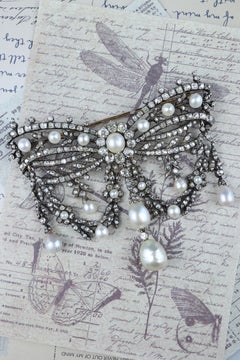 Silver-top 18K Gold Diamond Natural Pearl Brooch, GIA