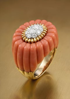 David Webb 18K Gold Coral Diamond Cocktail Ring, Mid-20th Century