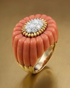 David Webb 18K Gold Coral Diamond Cocktail Ring, Mid-20th Century