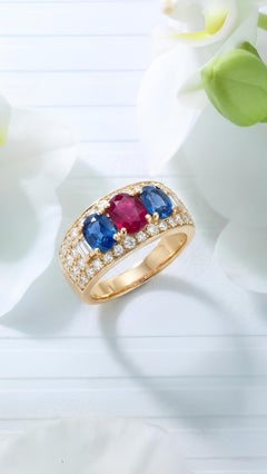 Bvlgari 18K Gold Ruby Sapphire Diamond Ring, Mid-20th Century