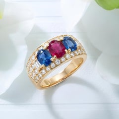 Bvlgari 18K Gold Ruby Sapphire Diamond Ring, Mid-20th Century