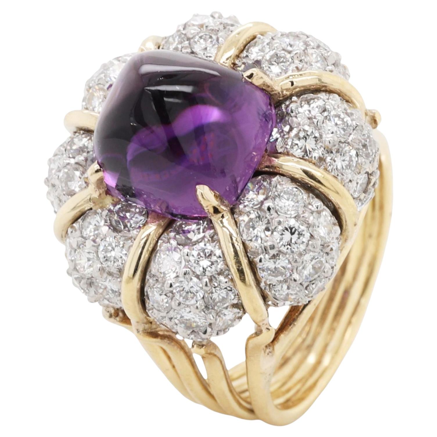 Verdura 18K Gold Platinum Amethyst Diamond Bombe Ring, 2.5ct