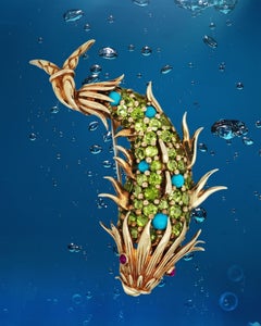 Tiffany Schlumberger, 18K Gold Periodot Turquoise Ruby Dophin Brooch
